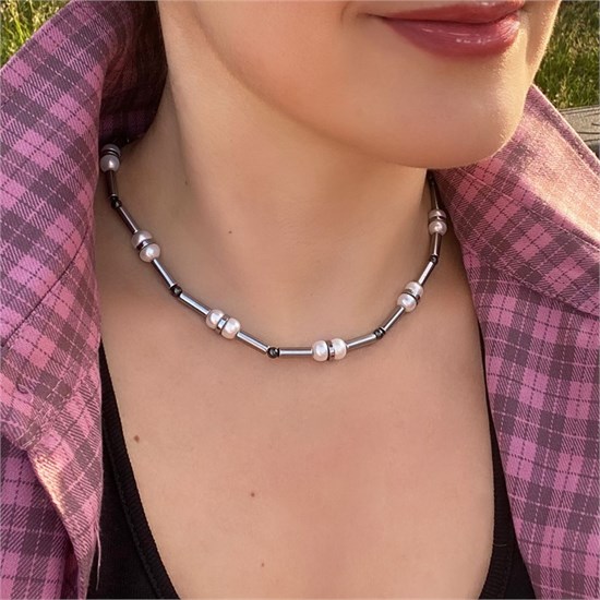 Чокер из гематита с жемчугом 01002-160