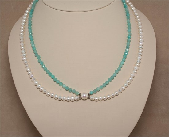 Чокер из жемчуга и амазонита Х-образный 1990