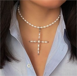 Чокер из натурального жемчуга с подвеской Крест 0100270-712